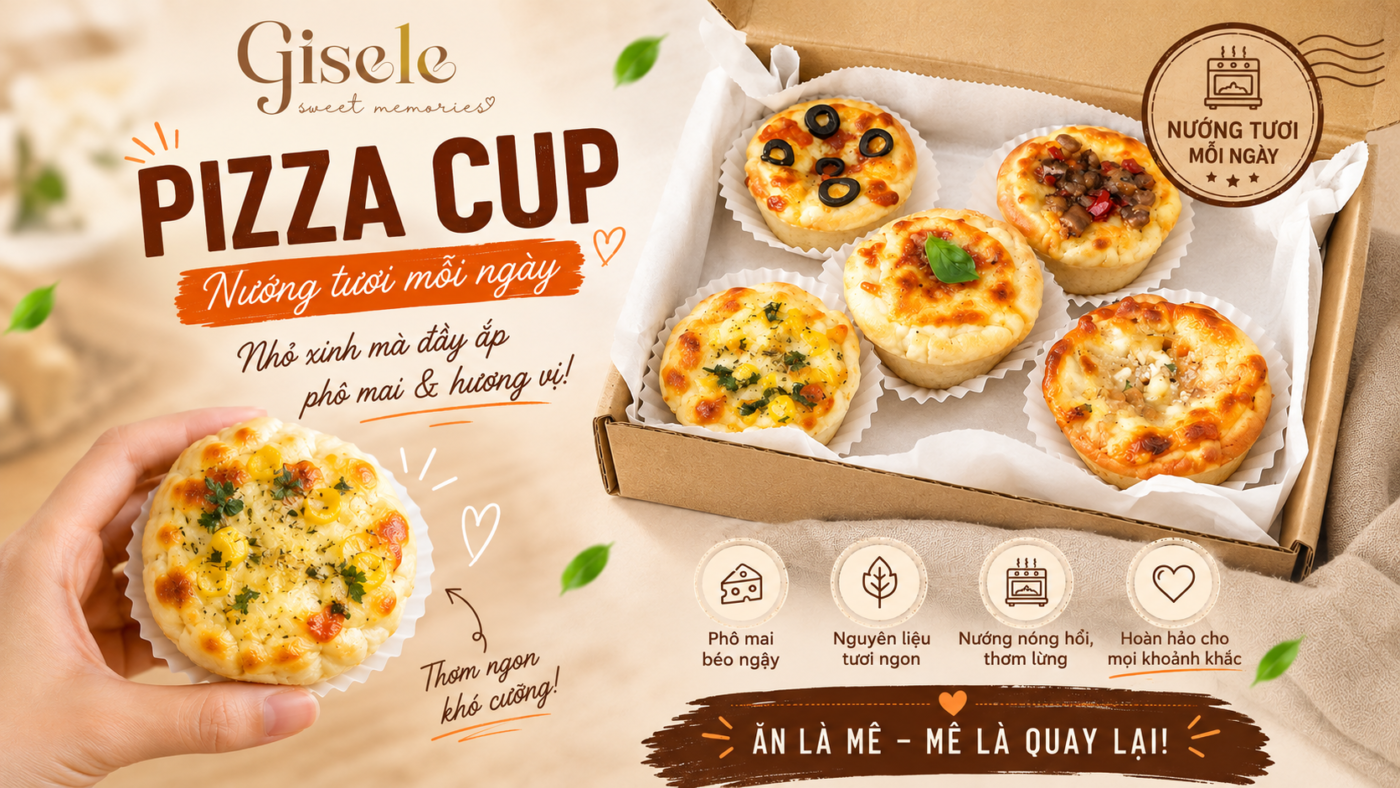 Pizza Cup của Gisele được nướng tươi mỗi ngày với lớp đế mềm thơm, phủ đầy phô mai béo ngậy cùng nhiều hương vị hấp dẫn.